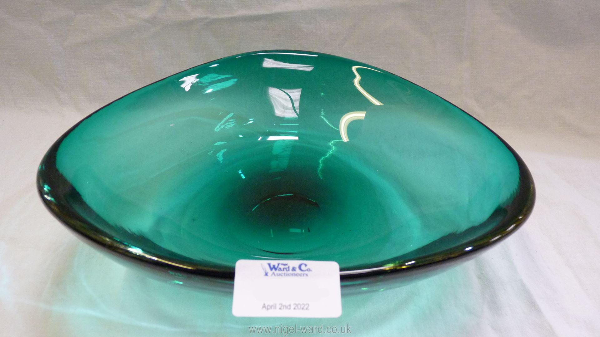 A heavy Whitefriars triform glass bowl in sea green, 9 3/4" wide x 2 3/4" tall. - Image 2 of 3