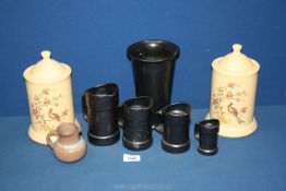 A quantity of Prinknash including four black lustre graduated jugs and vase plus a pair of sugar