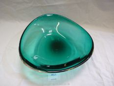 A heavy Whitefriars triform glass bowl in sea green, 9 3/4" wide x 2 3/4" tall.