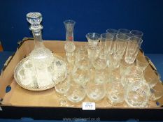 A quantity of glass including six glasses, decanter and tray, two Fuchsia etched glasses,