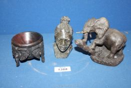 A small Elephant ornament and similar wooden stand plus an onyx head of a tribesman, 4 1/4'' tall.