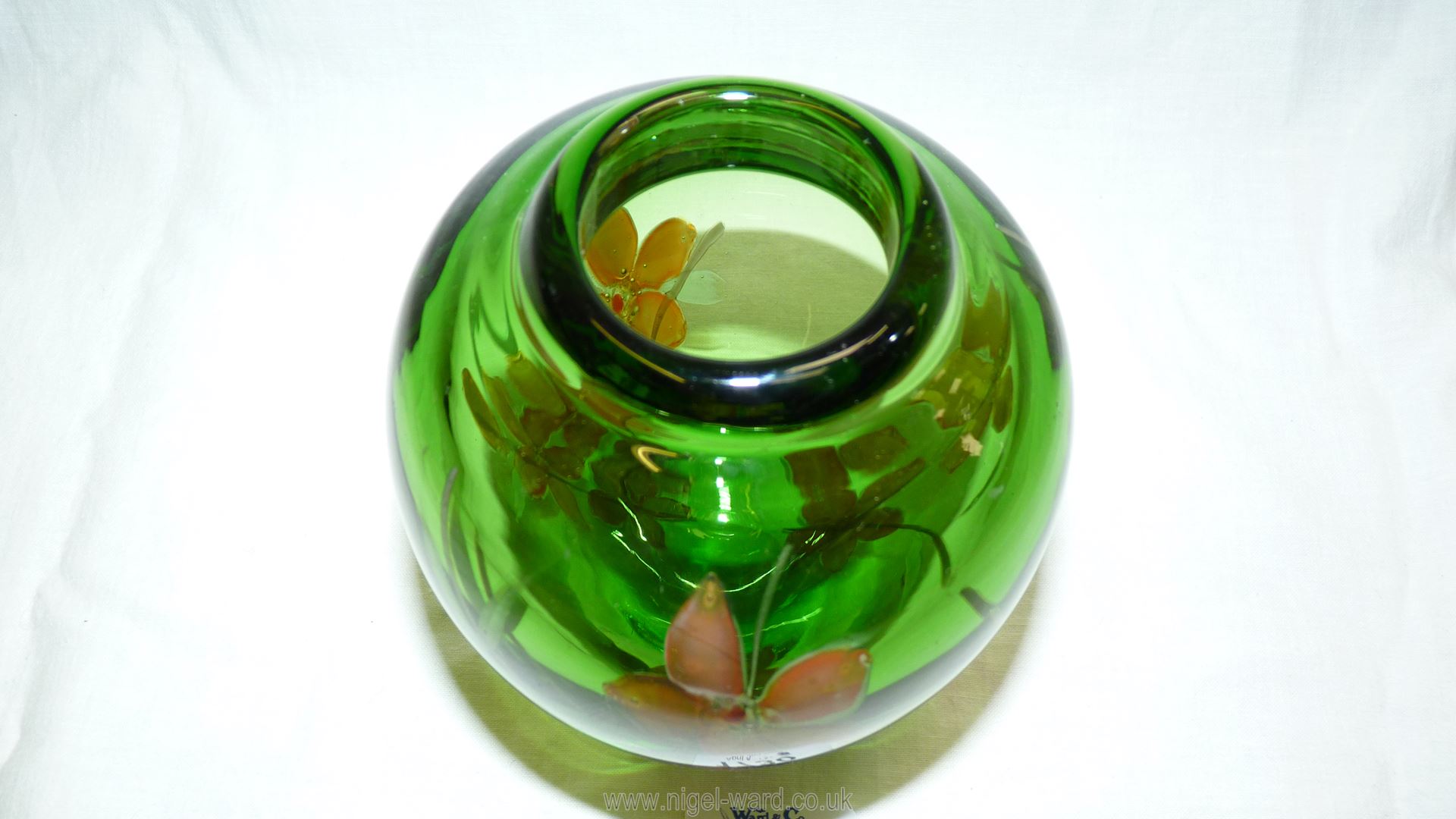 A heavy green art glass Graal vase, having inset floral design and cased in clear glass, - Image 3 of 3