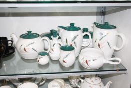 A quantity of Denby Greenwheat stoneware comprising of, two coffee pots (one with small repair),