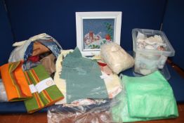 A box of sewing items and lace offcuts, tapestry picture, leather patches, filling etc.