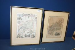 Two framed maps of Gloucester both with detailed illustrations of the cathedral and in colour,