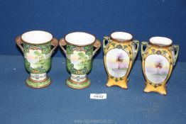 Two small pairs of Noritake vases in green and yellow with panels of lakeside scenes,