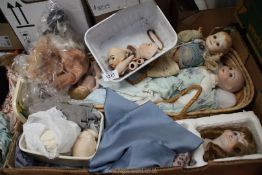 A quantity of porcelain dolls, all a/f and a wicker crib with doll and clothes.