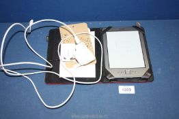 A 5th Generation Amazon Kindle with charging cable and plug, in a Logik case.