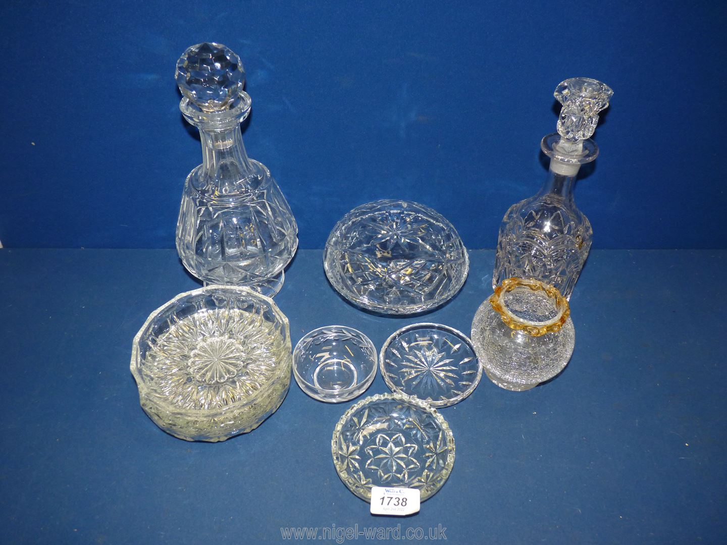 Two decanters, a small crackle glaze night light shade and a quantity of pressed glass dishes. - Image 2 of 2