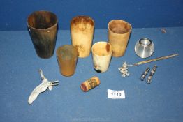 A small quantity of miscellanea including glass and silver inkwell, dog whistles,