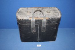 A black leather bottle Carrier with wooden supports to the interior of lid and base and with two