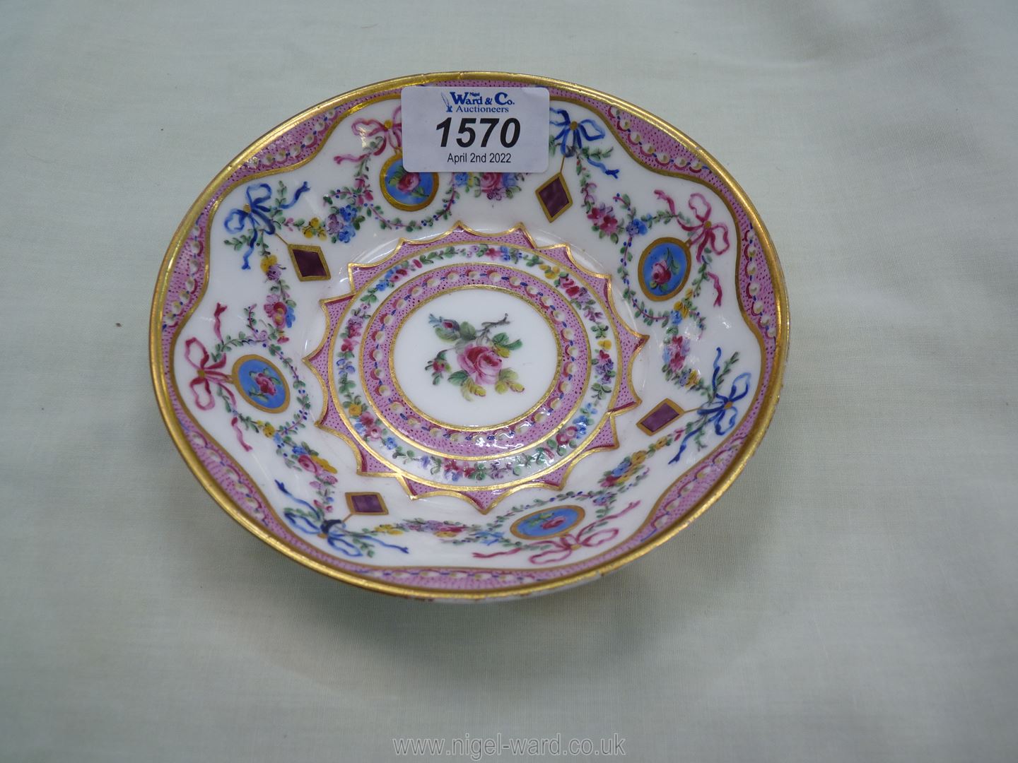 A Sevres coffee can and saucer, painted with floral garlands against a mottled salmon pink ground, - Image 3 of 13