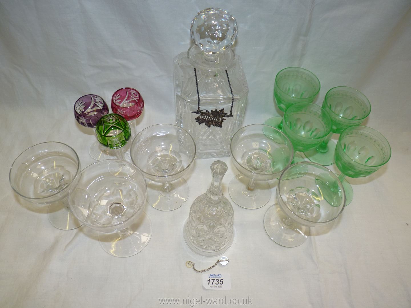 Five champagne glasses, green wine glasses, bell, decanter with stopper etc. - Image 3 of 3