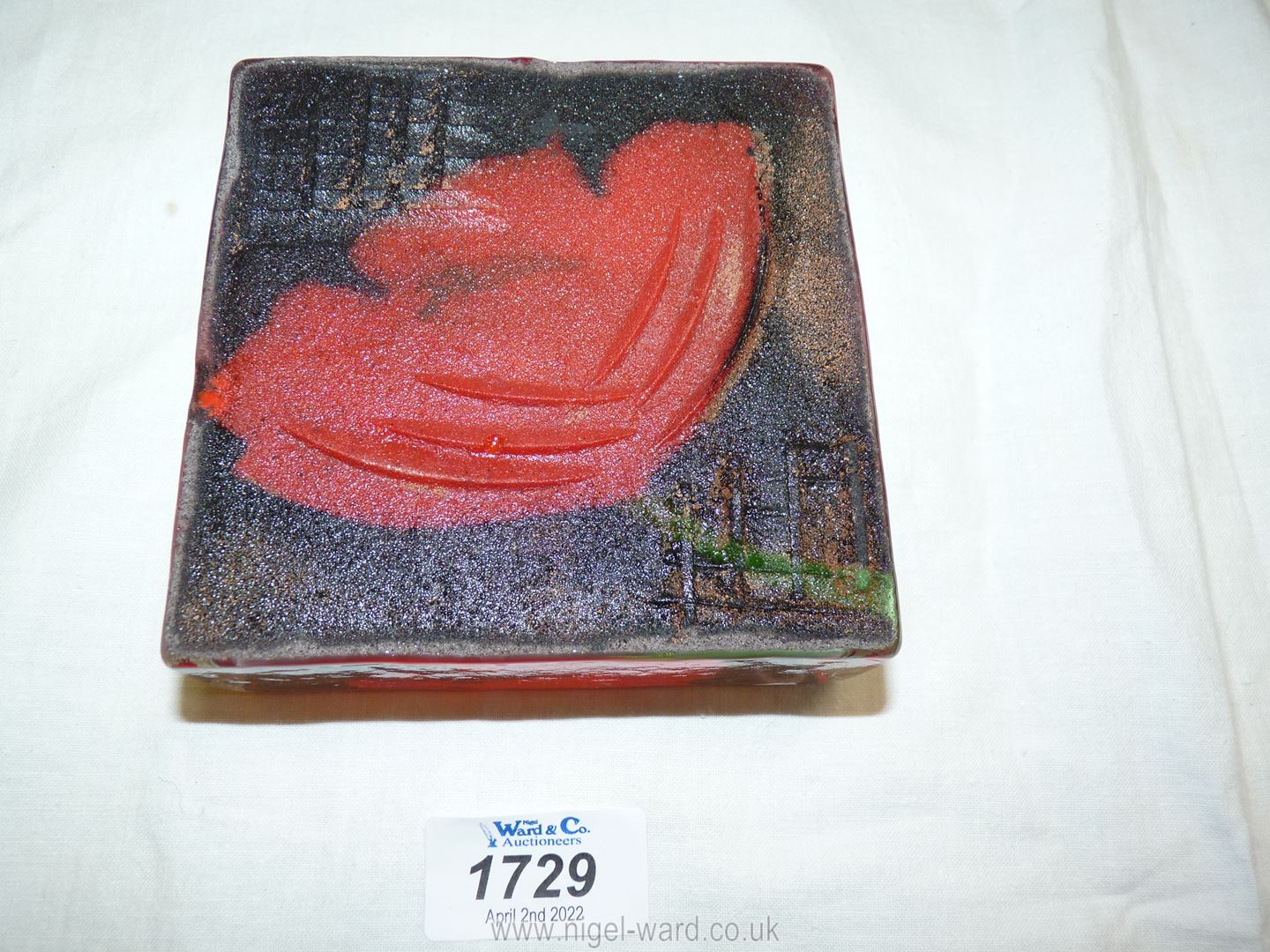 A heavy Caithness square 'Sandcast Glass' paperweight with Poppy resting on dark ground. - Image 3 of 3