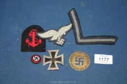 A Deutschland Erwache 1933 enamel badge 1/128, fabric patches etc.