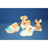 Four Pendelfin Bunny figures - Picnic Midge, Dandy, Forty winks and Snuggles, some small chips.
