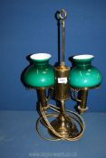 A brass double students lamp with turquoise shades, converted to electric, 23'' tall x 15'' wide .