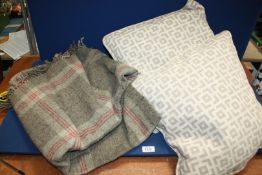 A travel rug and two cushions.