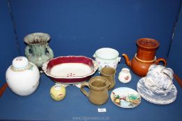 A quantity of china including Crown Devon bud vase, willow pattern cups and saucers, Studio Pottery,