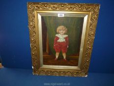 An ornate framed Oil on canvas depicting a young boy dressed in red, signed P.