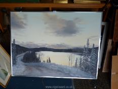 A very large Oil on canvas depicting a winter river scene, signed lower left R.