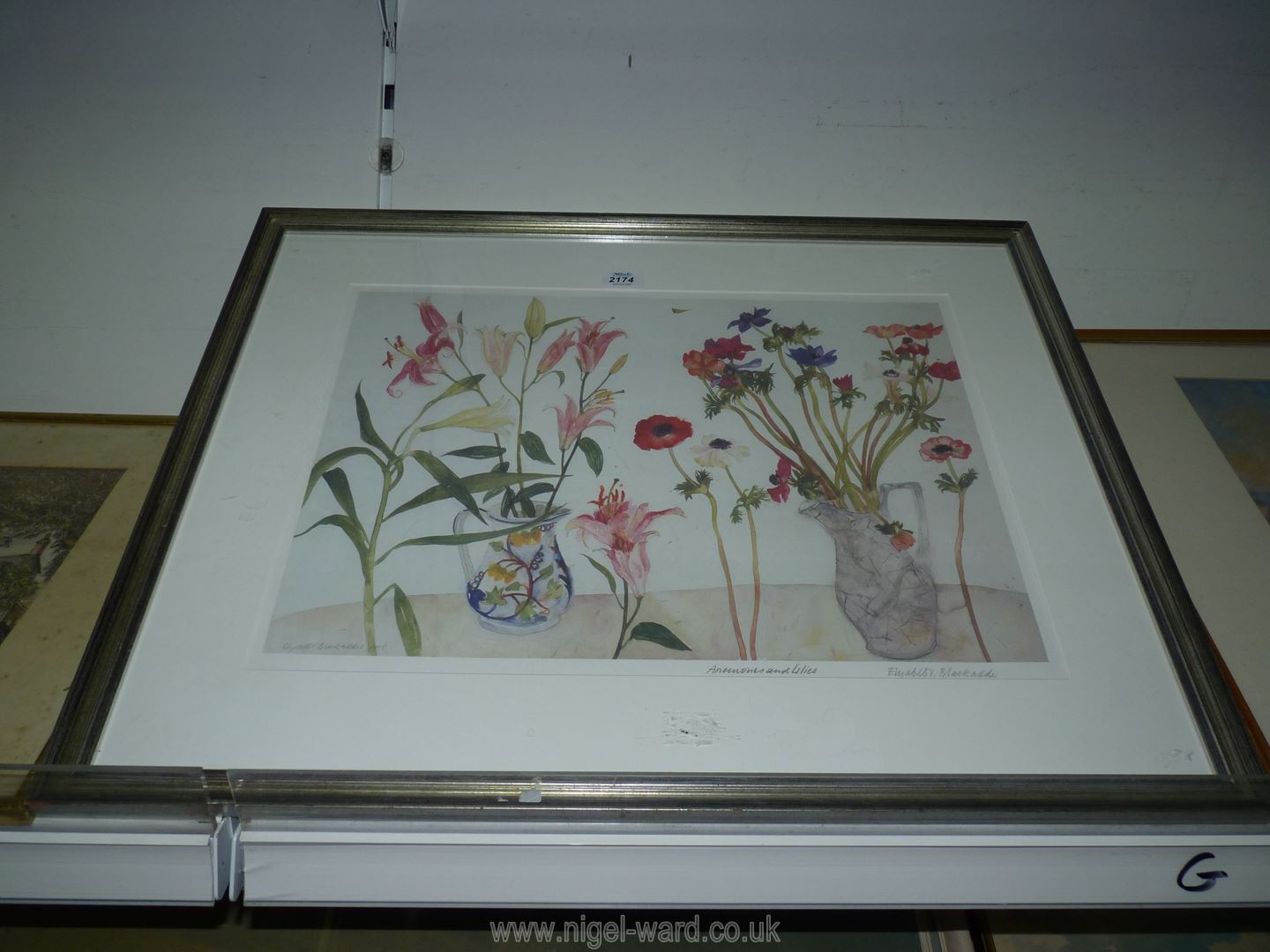 'Anemones and Lilies' 1995, signed by Dame Elizabeth Blackadha, plus two other pictures.