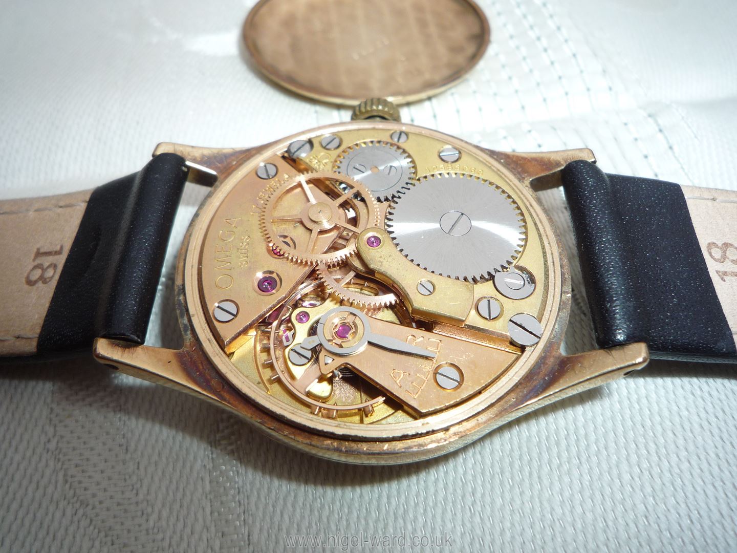 A brown leather presentation cased ''Omega'' Wristwatch having a nickel coloured face with Arabic - Image 8 of 23
