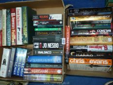 Two boxes of books to include; John Grisham, James Patterson, Wilbur Smith, David Baldacci, etc.