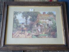 A wooden framed Print depicting a travelling musician and his monkey outside a cottage with a