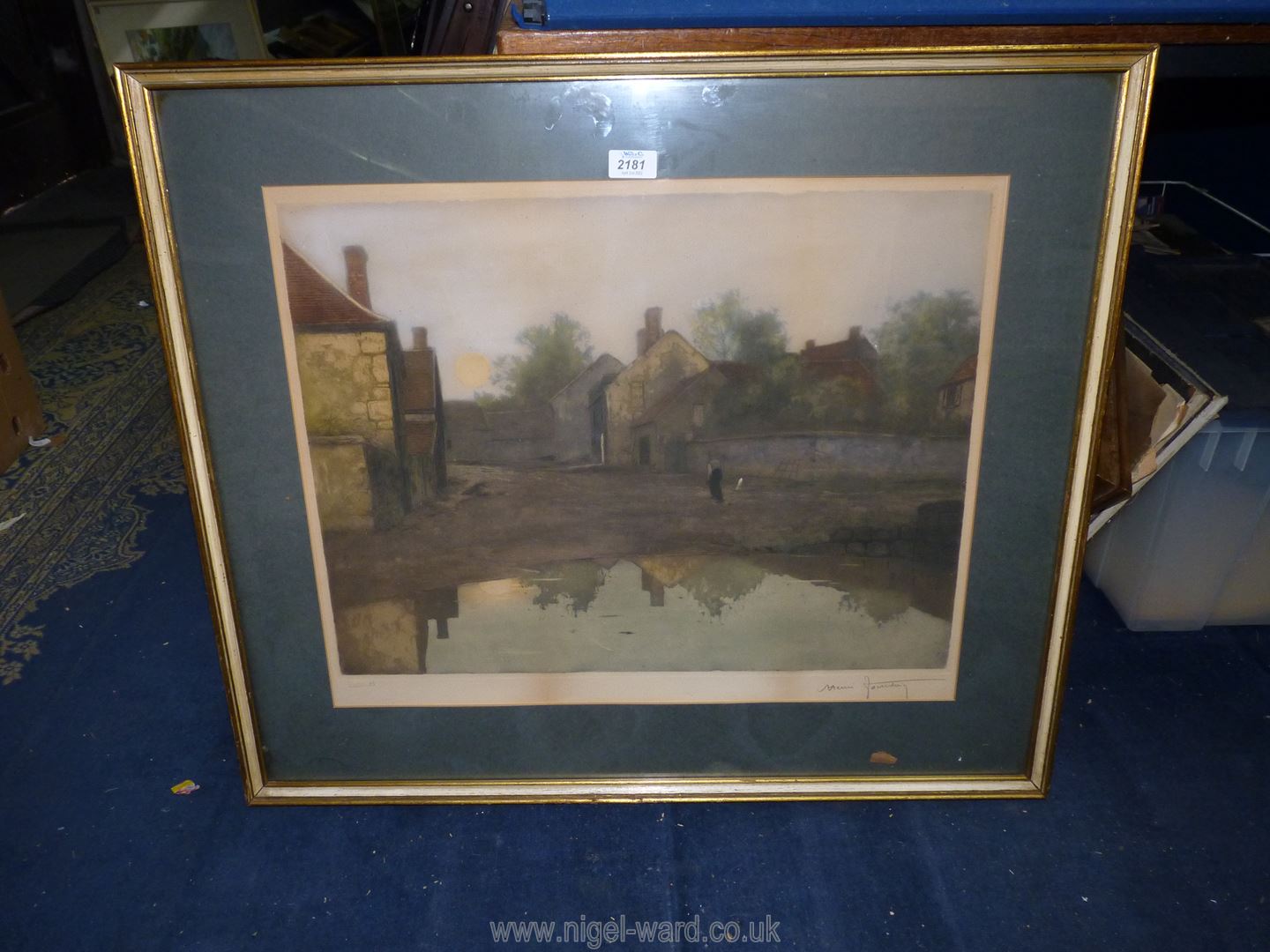 A framed and mounted lithograph of a gentleman walking through a farmyard at dusk, - Image 2 of 2