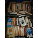Two boxes of paperback novels to include; Ian Deighton, H.G. Wells, Dirk Bogarde, etc.
