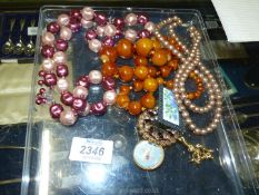 Miscellaneous bead necklaces, small enamel brooch with metal surround etc.