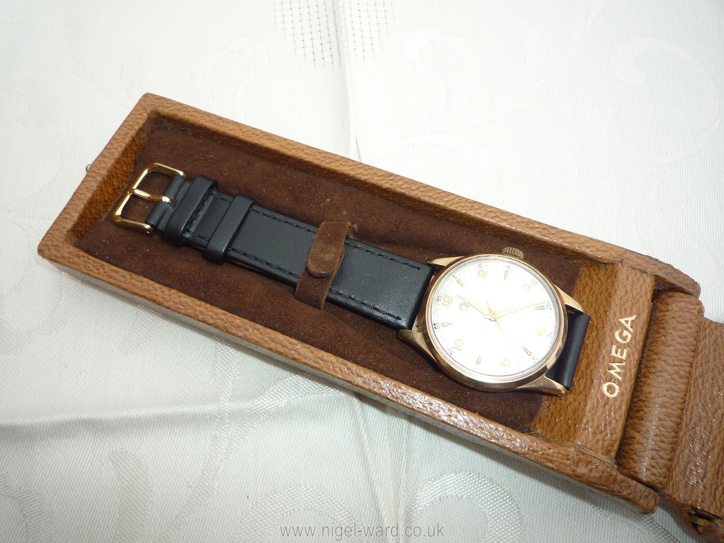 A brown leather presentation cased ''Omega'' Wristwatch having a nickel coloured face with Arabic - Image 18 of 23