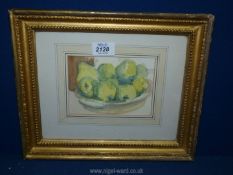 A framed and mounted Watercolour depicting a bowl of Pears, no visible signature, 12 3/4" x 10 3/4".