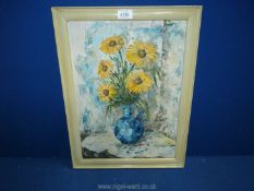 A wooden framed oil painting on wood depicting a still life of flowers in a blue jug,
