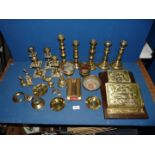 A quantity of brass including candlesticks, ashtrays,