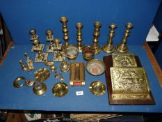 A quantity of brass including candlesticks, ashtrays,