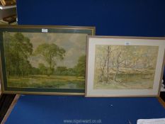 A framed and mounted Ink wash depicting a woodland river scene,