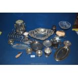 A box of various silver plate including an ice bucket, toast rack, napkin rings etc.