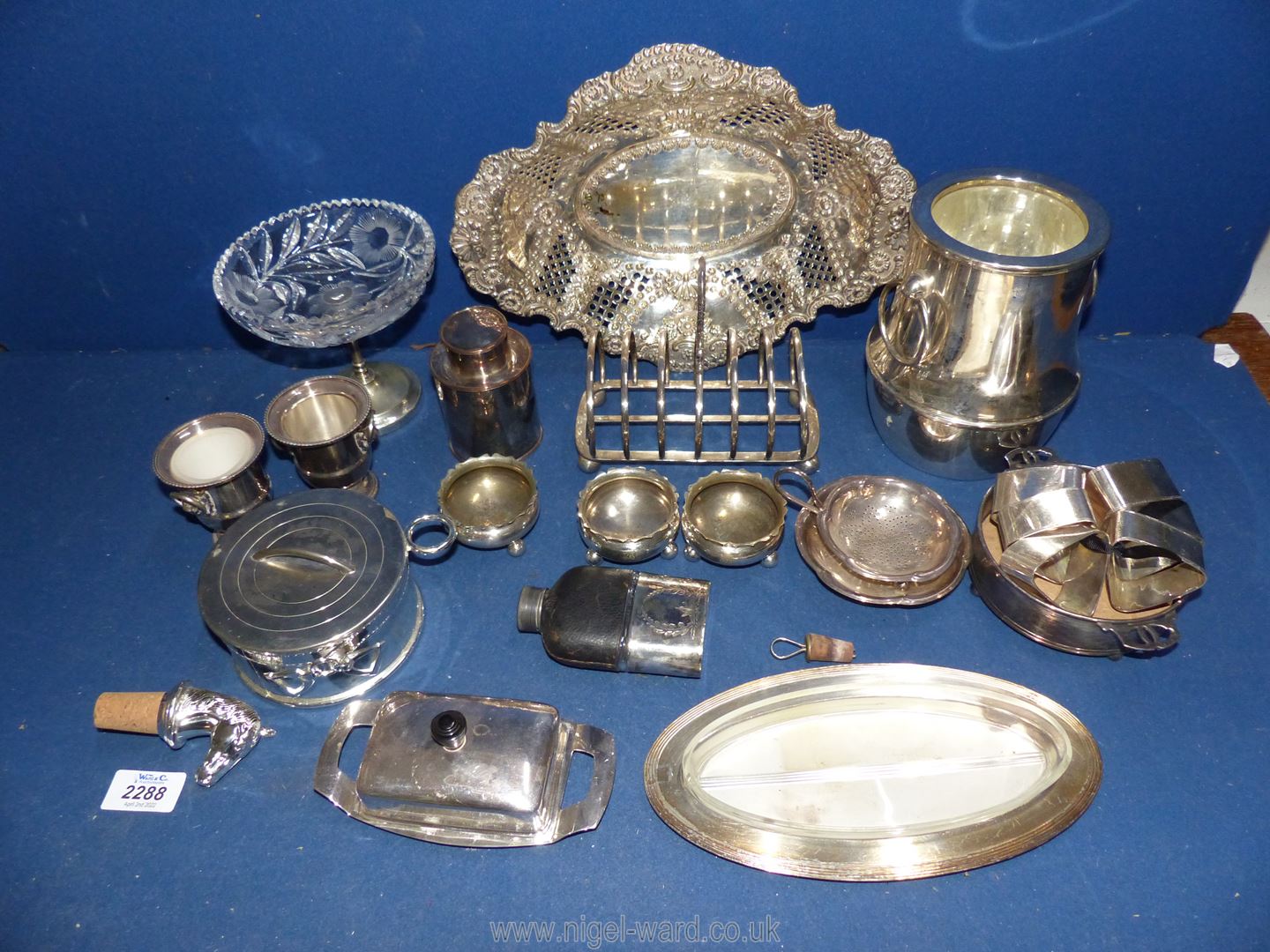 A box of various silver plate including an ice bucket, toast rack, napkin rings etc. - Image 2 of 2