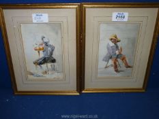 Two framed and mounted Watercolours depicting two gentlemen sat on chairs in different poses,