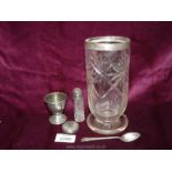A glass vase with Birmingham silver rim, pin pot, London silver top plus another lid,