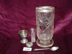 A glass vase with Birmingham silver rim, pin pot, London silver top plus another lid,