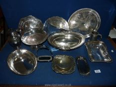 A quantity of Epns including jug with cane handle, serving dishes, tazza, etc.