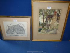 A framed and mounted Watercolour depicting a cottage,