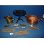 A quantity of metals including brass and copper pot, trivet stand, small coal scuttle,