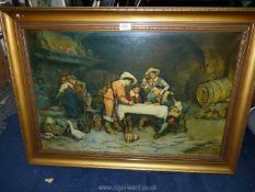 A gilt framed Print on canvas depicting a game of dice in the Tavern 1888,