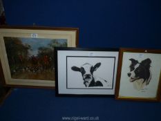 Three framed pictures to include a Border Collie print by Robert J.