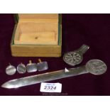 A small leather jewellery box, pair of Jensen Stirling Silver cufflinks, Omega cufflinks,