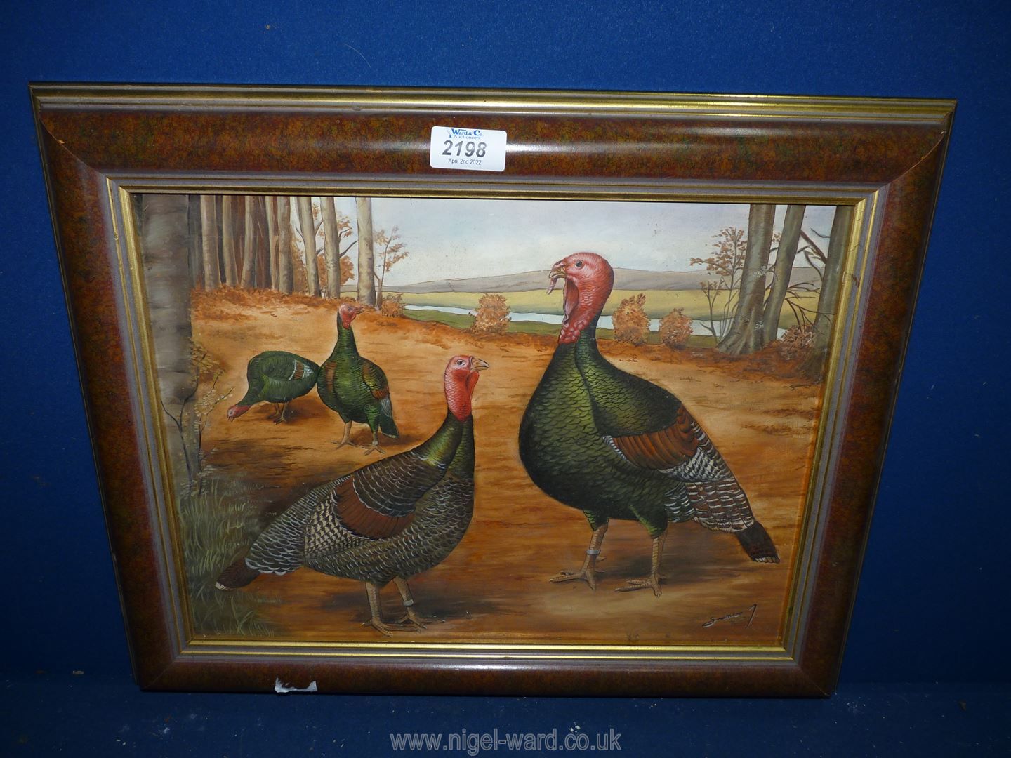 A framed oil on wood depicting wild turkeys, signed lower right Samson J (Jochen Samson).